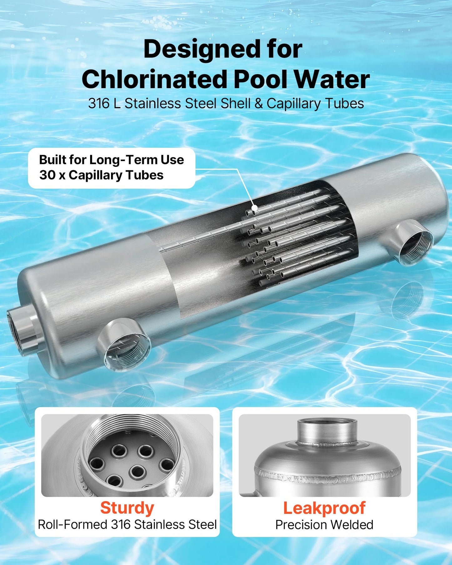 Pool Heat Exchanger, 210K BTU Swimming Pool Heater Exchanger, 316L Stainless Steel Construction, High Efficiency Water to Water Transfer Heating System for Spa, Hot Tub, Indoor/Outdoor, Silver