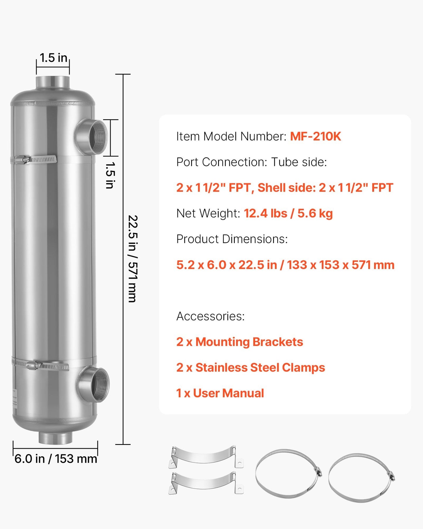 Pool Heat Exchanger, 210K BTU Swimming Pool Heater Exchanger, 316L Stainless Steel Construction, High Efficiency Water to Water Transfer Heating System for Spa, Hot Tub, Indoor/Outdoor, Silver