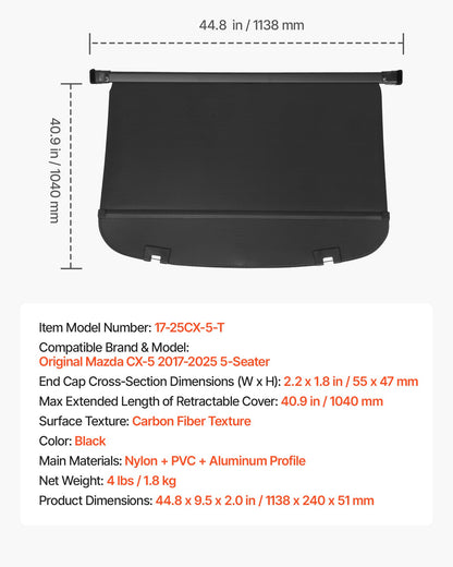 Retractable Cargo Cover, Upgraded Carbon Fiber Texture Trunk Cover, Anti-Peeping Luggage Privacy Shield, Easy Installation Security Shade Car Accessories, for Mazda CX-5 2017-2025 5-Seater