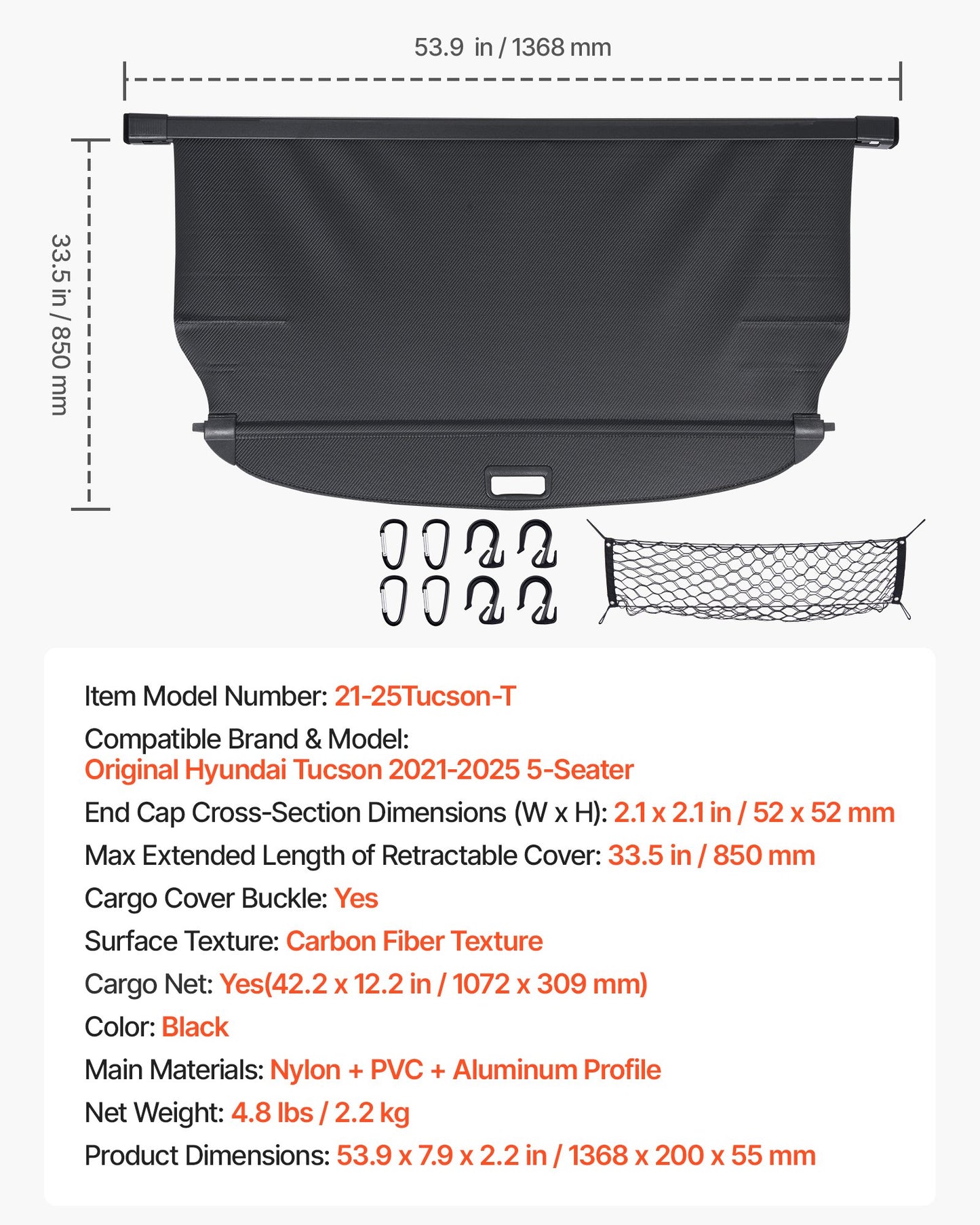 Retractable Cargo Cover, Upgraded Carbon Fiber Texture Trunk Cover, Anti-Peeping Luggage Privacy Shield, Easy Installation Security Shade with Cargo Net, for Hyundai Tucson 2021-2025 5-Seater