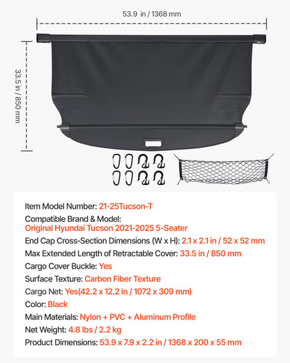 Retractable Cargo Cover, Upgraded Carbon Fiber Texture Trunk Cover, Anti-Peeping Luggage Privacy Shield, Easy Installation Security Shade with Cargo Net, for Hyundai Tucson 2021-2025 5-Seater