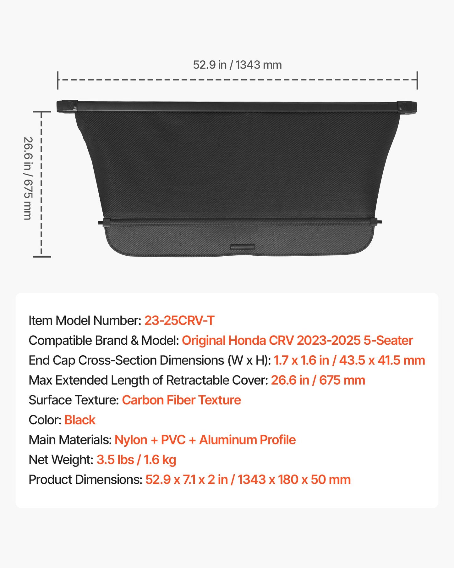 Retractable Cargo Cover, Upgraded Carbon Fiber Texture Trunk Cover, Anti-Peeping Luggage Privacy Shield, Easy Installation Security Shade Car Accessories, for Honda CRV 2023-2025 5-Seater