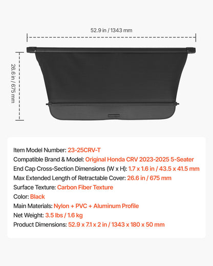 Retractable Cargo Cover, Upgraded Carbon Fiber Texture Trunk Cover, Anti-Peeping Luggage Privacy Shield, Easy Installation Security Shade Car Accessories, for Honda CRV 2023-2025 5-Seater