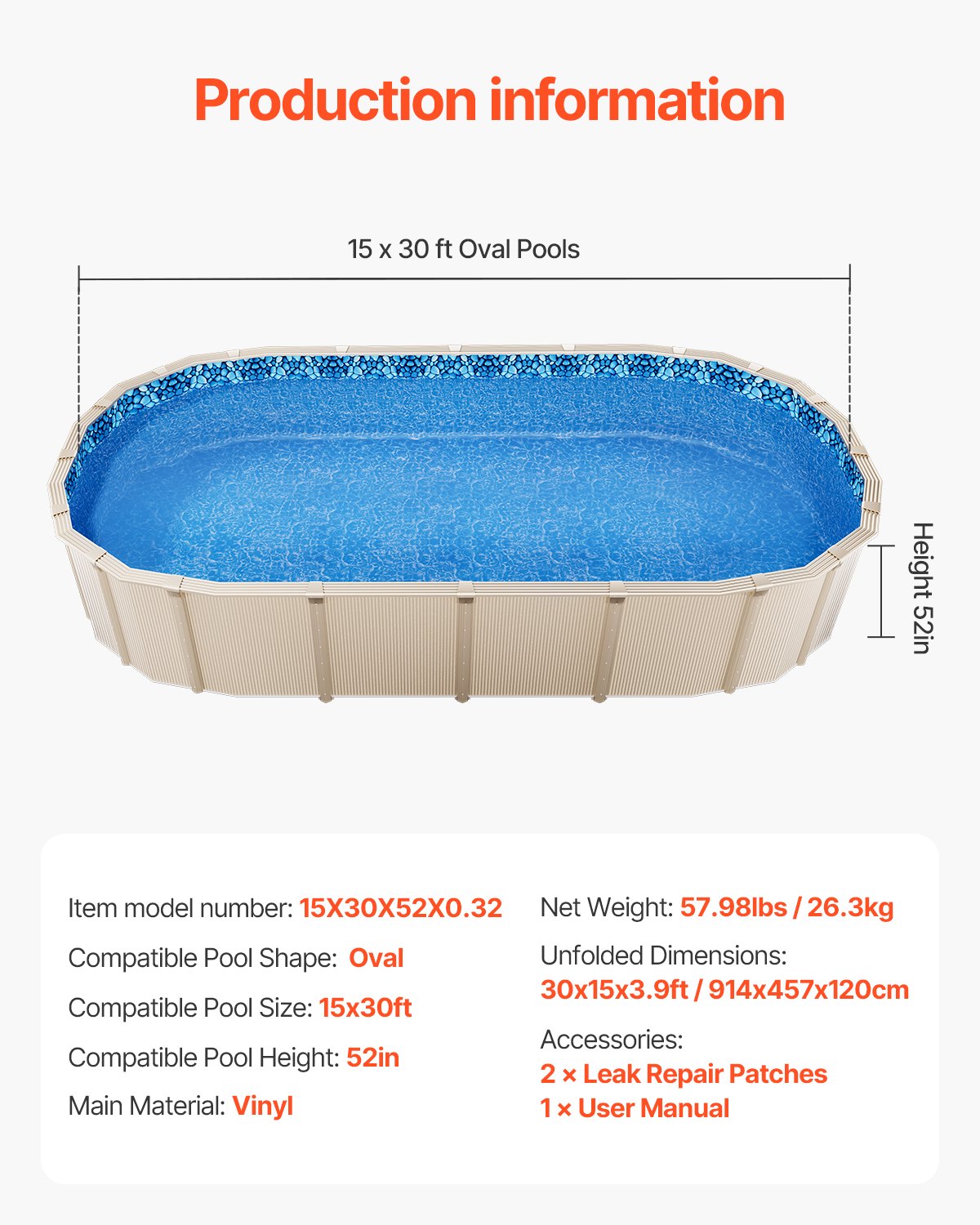 VEVOR Oval Pool Liner 15x30ft Unibead Style Pool Liner 52in Wall Height