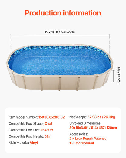 VEVOR Oval Pool Liner 15x30ft Unibead Style Pool Liner 52in Wall Height