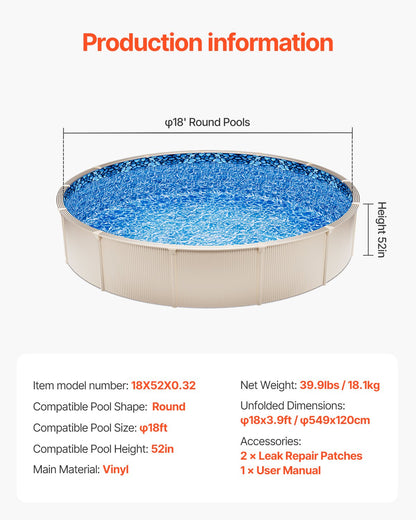 VEVOR Round Pool Liner 18ft Unibead Style Pool Liner 52in Wall Height