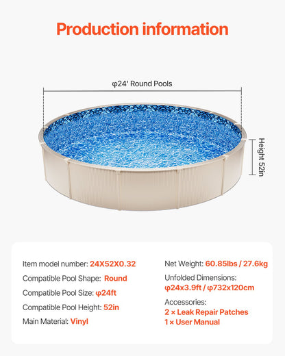 VEVOR Round Pool Liner 24ft Unibead Style Pool Liner 52in Wall Height