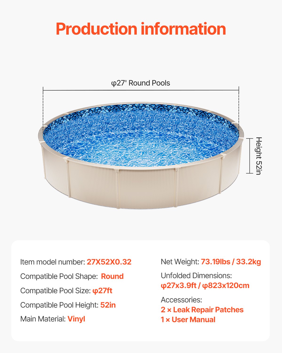 VEVOR Round Pool Liner 27ft Unibead Style Pool Liner 52in Wall Height