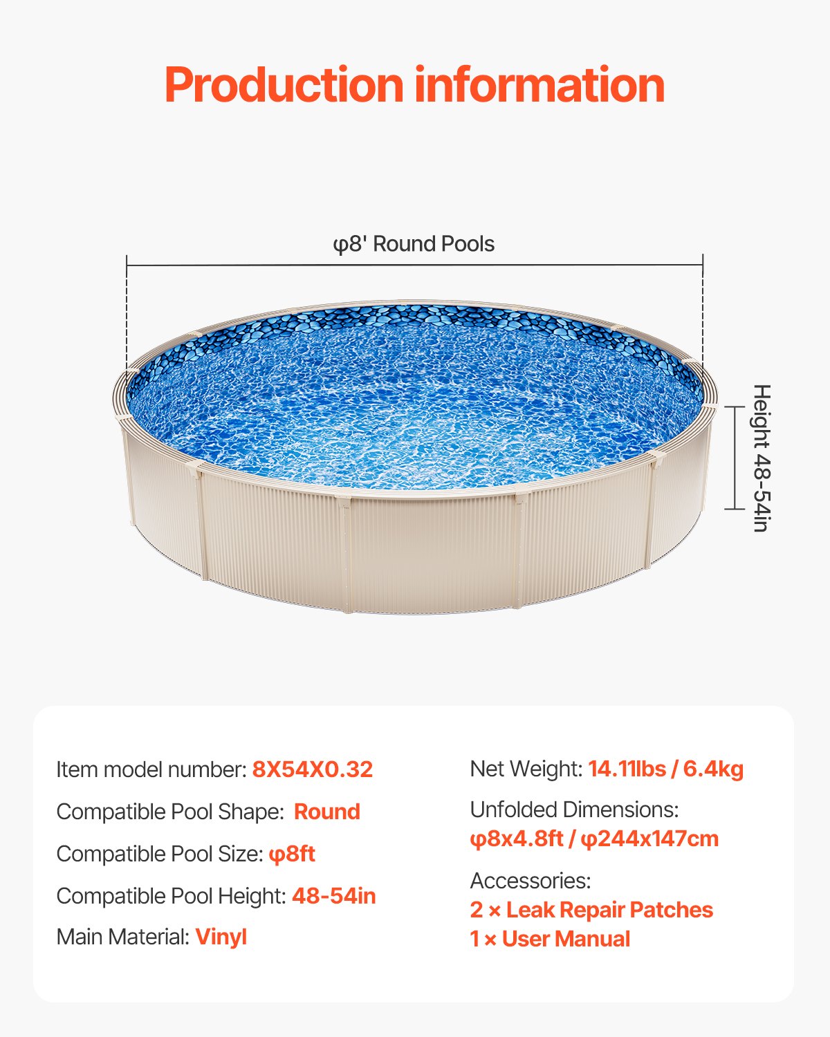 VEVOR Round Pool Liner 8ft Overlap Style Pool Liner 54in Wall Height