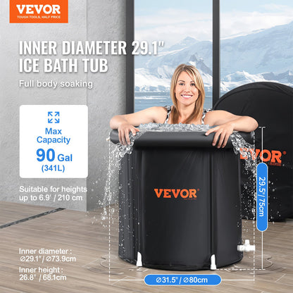 Ice Bath Tub, 80 cm Long Cold Water Therapy Plunge Tub for Athletes, Portable Outdoor Ice Barrel Plunge Pool for Recovery, 341L Inflatable Folding Bathtub with Cover, Home Ice Pod for Adult