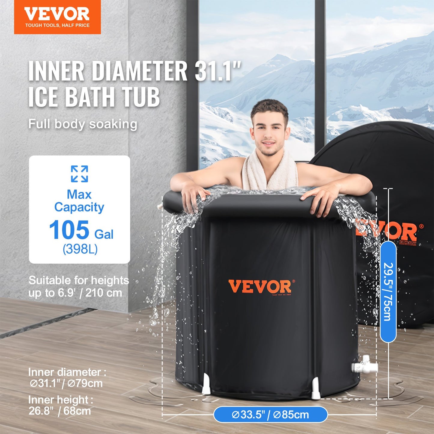 Ice Bath Tub, 85 cm Long Cold Water Therapy Plunge Tub for Athletes, Portable Outdoor Ice Barrel Plunge Pool for Recovery, 398L Inflatable Folding Bathtub with Cover, Home Ice Pod for Adult