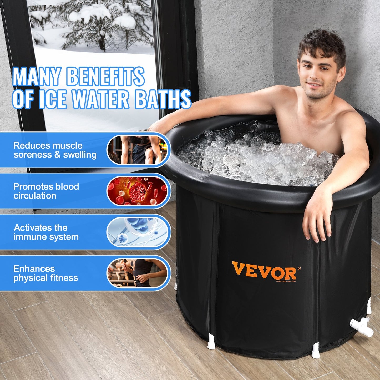 Ice Bath Tub, 85 cm Long Cold Water Therapy Plunge Tub for Athletes, Portable Outdoor Ice Barrel Plunge Pool for Recovery, 398L Inflatable Folding Bathtub with Cover, Home Ice Pod for Adult