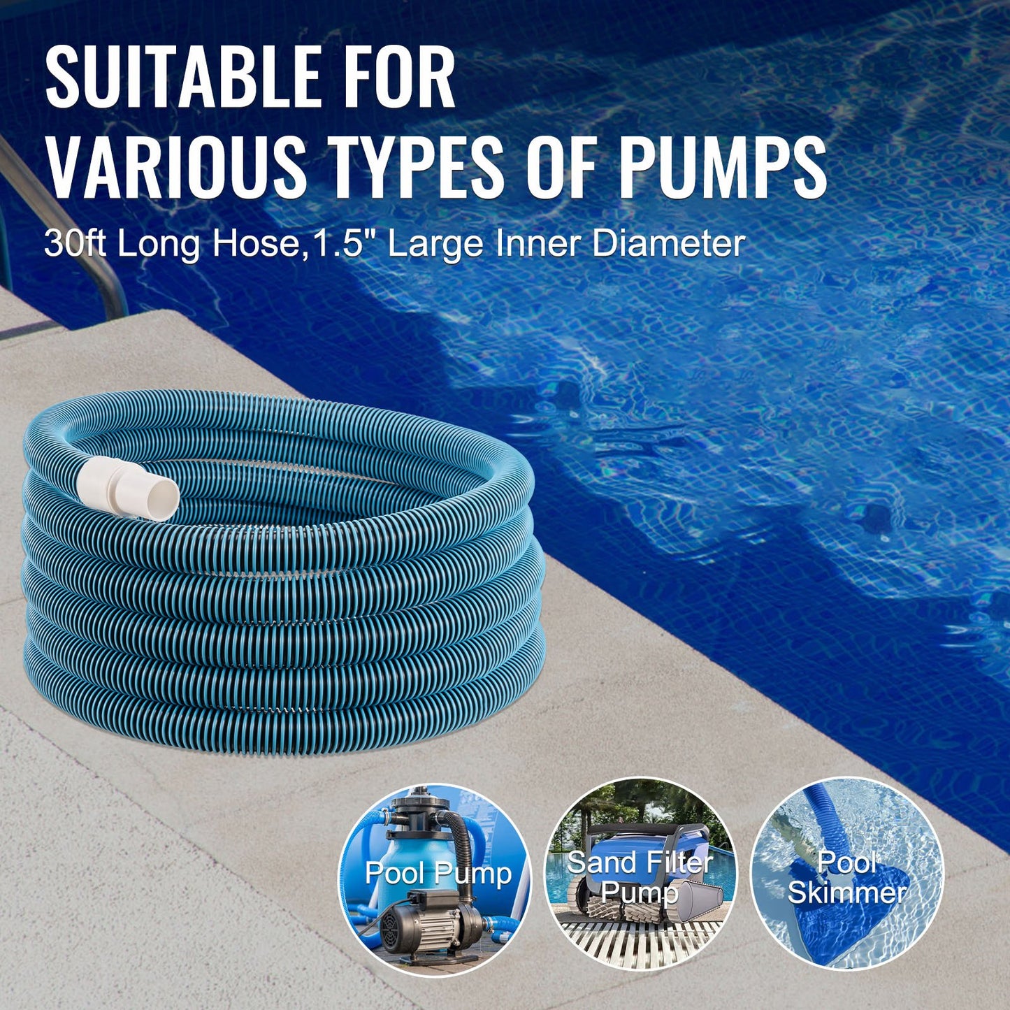 VEVOR Heavy Duty Swimming Pool Hose, 1-1/2-Inch x 30-Feet, Pool Vacuum Cleaning