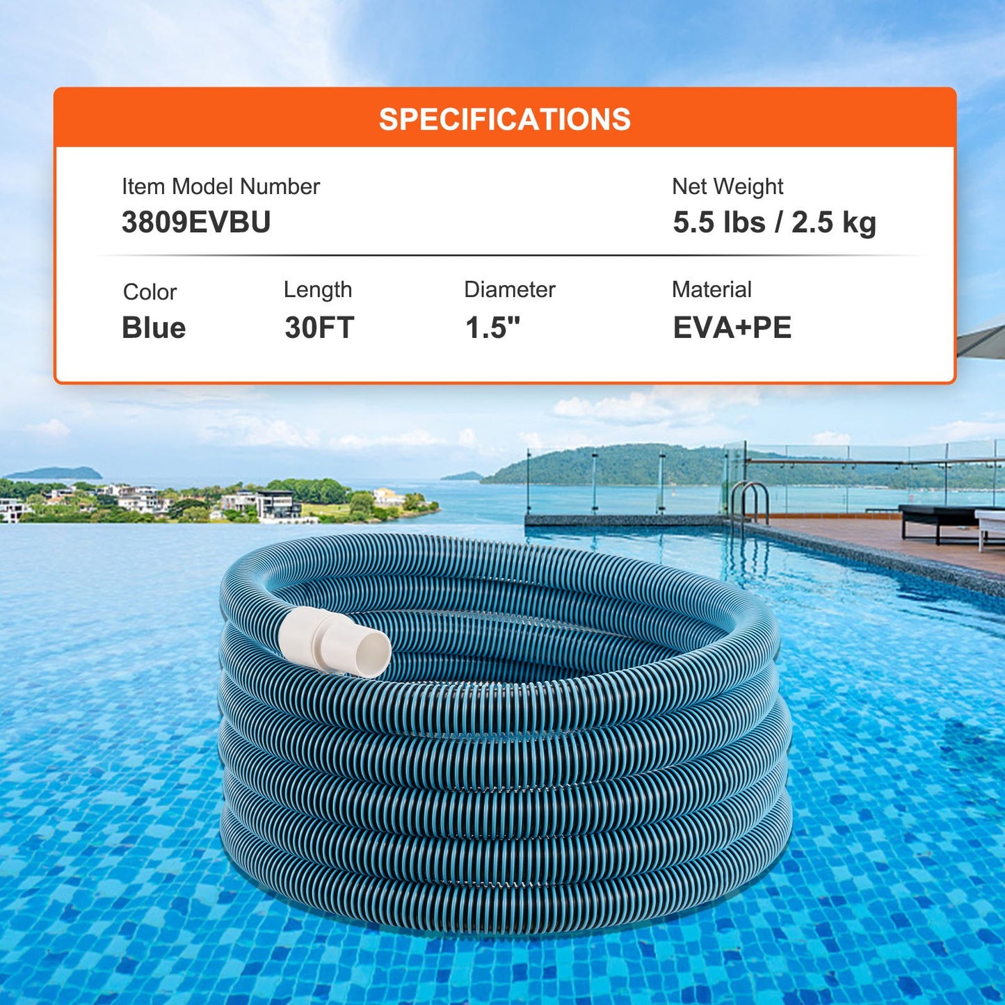 VEVOR Heavy Duty Swimming Pool Hose, 1-1/2-Inch x 30-Feet, Pool Vacuum Cleaning