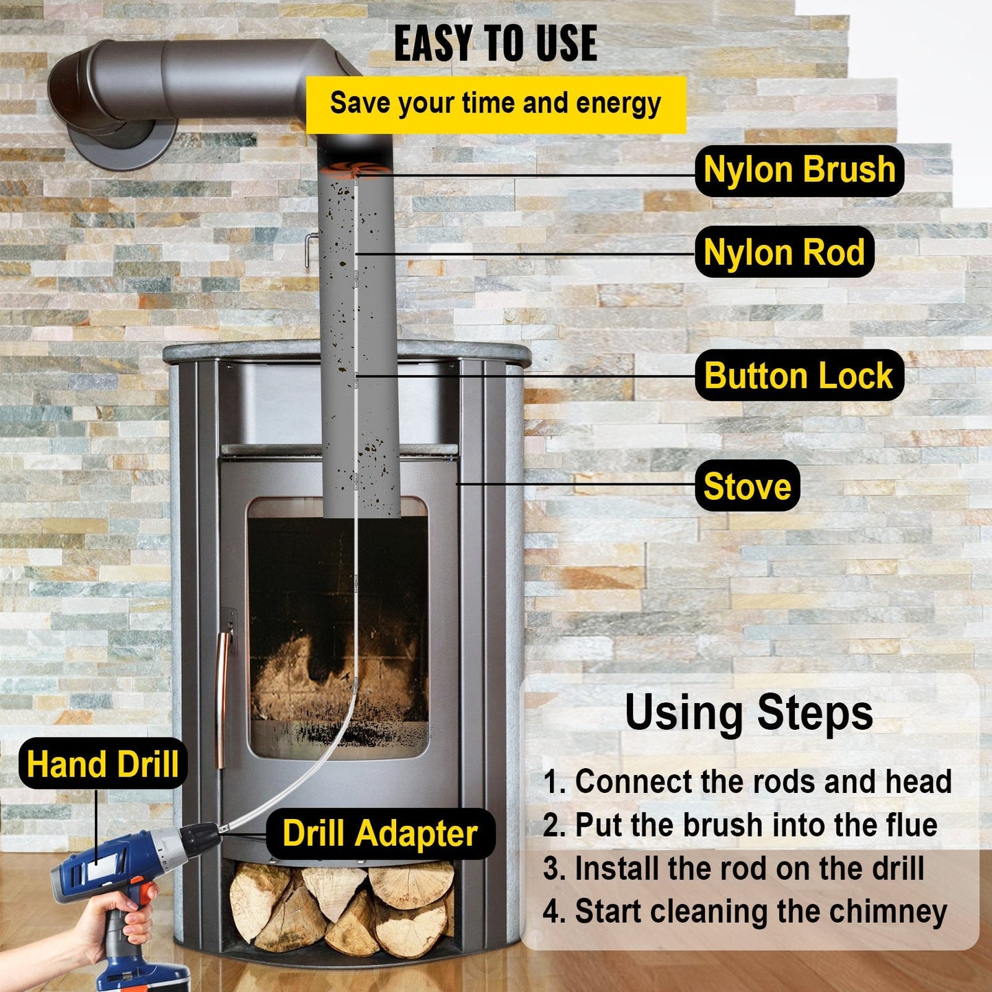 Flexible Chimney Sweep Kit with 12m Nylon Rods and Brush Head for Easy Cleaning