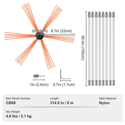 VEVOR 8 m Chimney Sweep Kit, w/ 8Reinforced Nylon Flexible Rods, Ergonomic Chimney