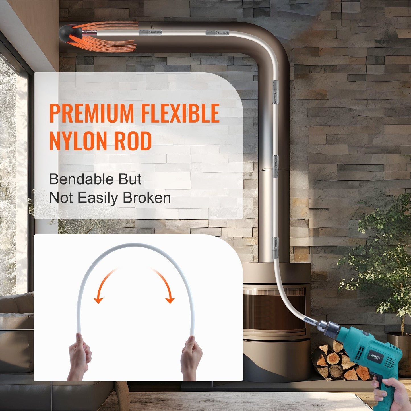 10 m Chimney Cleaning Kit with 10 Flexible Nylon Rods and 360° Brush