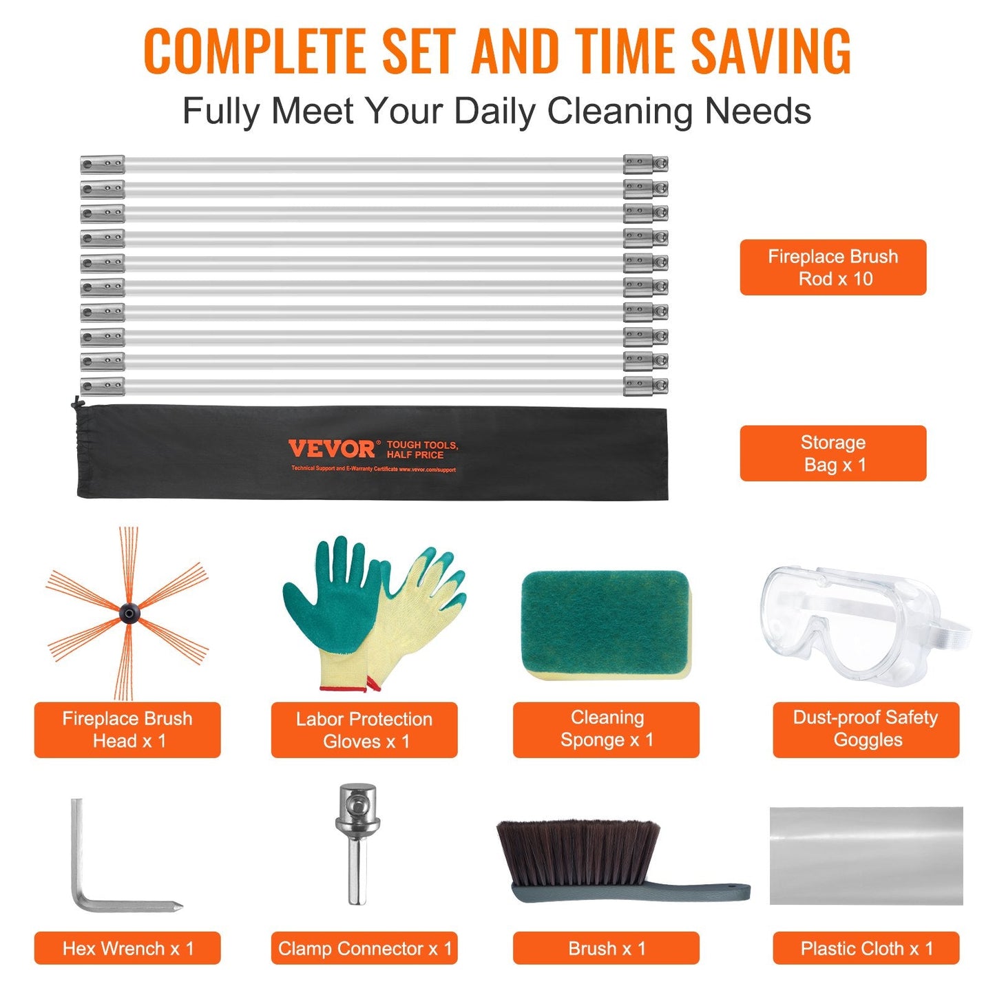 10 m Chimney Cleaning Kit with 10 Flexible Nylon Rods and 360° Brush