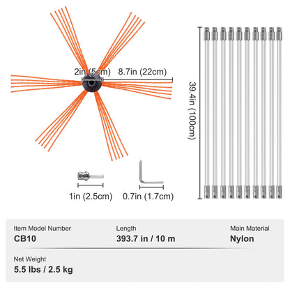 10 m Chimney Cleaning Kit with 10 Flexible Nylon Rods and 360° Brush