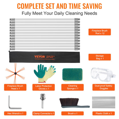 VEVOR 12 m Chimney Sweep Kit, w/ 12 Reinforced Nylon Flexible Rods, Ergonomic Chimney