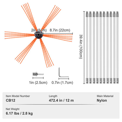 VEVOR 12 m Chimney Sweep Kit, w/ 12 Reinforced Nylon Flexible Rods, Ergonomic Chimney