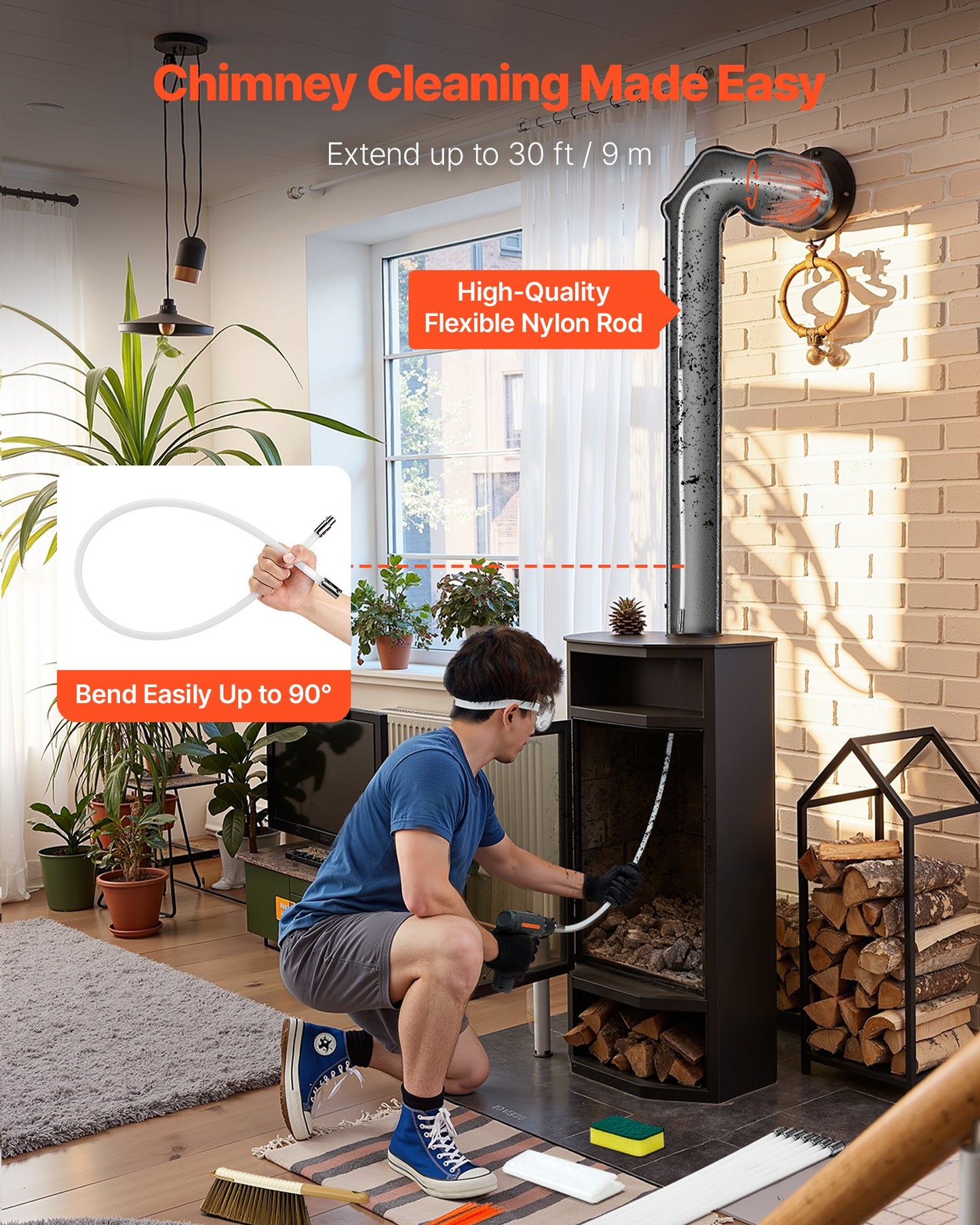 Chimney Sweep Kit, 9m Maximum Extendable Length Chimney Sweep, Chimneys Cleaning Kit with Bristle Replacements & Goggles, 90° Bendable Fireplace Cleaning Tool, for Square, Rectangle Chimneys