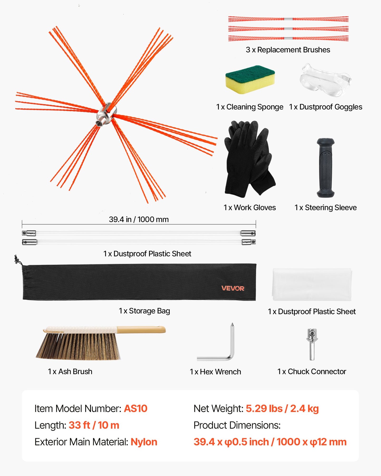 Chimney Sweep Kit, 10m Maximum Extendable Length Chimney Brush, Chimneys Cleaning Kit with Bristle Replacements & Goggles, 90° Bendable Fireplace Cleaning Tool, for Square, Rectangle Chimneys
