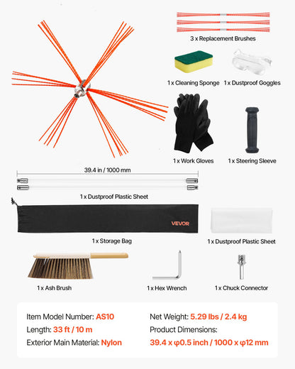 Chimney Sweep Kit, 10m Maximum Extendable Length Chimney Brush, Chimneys Cleaning Kit with Bristle Replacements & Goggles, 90° Bendable Fireplace Cleaning Tool, for Square, Rectangle Chimneys
