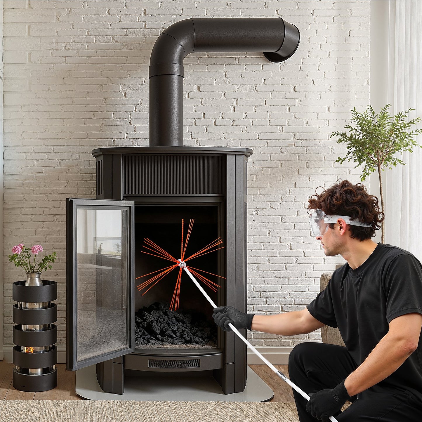 Chimney Sweep Kit, 10m Maximum Extendable Length Chimney Brush, Chimneys Cleaning Kit with Bristle Replacements & Goggles, 90° Bendable Fireplace Cleaning Tool, for Square, Rectangle Chimneys