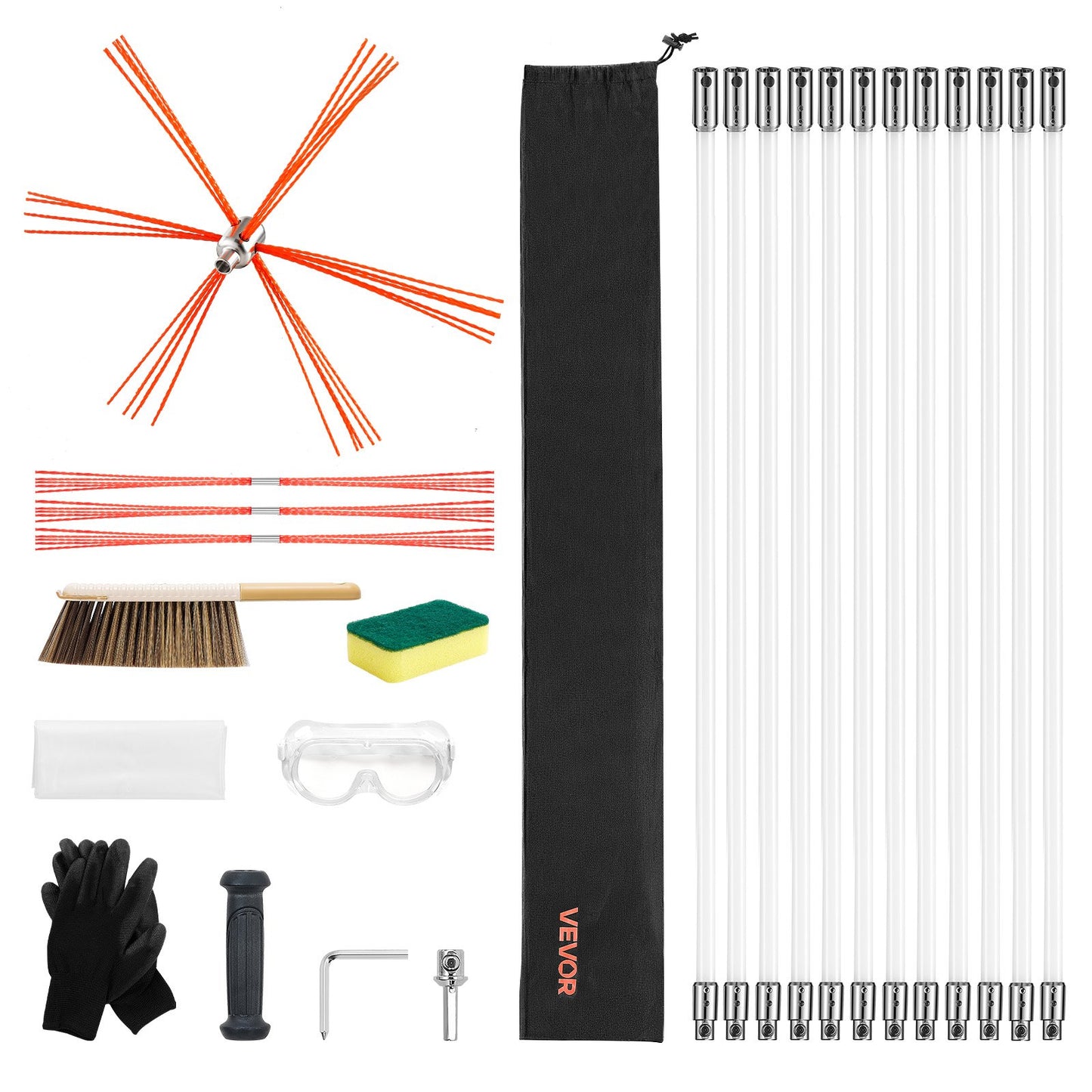 Chimney Sweep Kit, 12m Maximum Extendable Length Chimney Sweep, Chimneys Cleaning Kit with Bristle Replacements & Goggles, 90° Bendable Fireplace Cleaning Tool, for Square, Rectangle Chimneys
