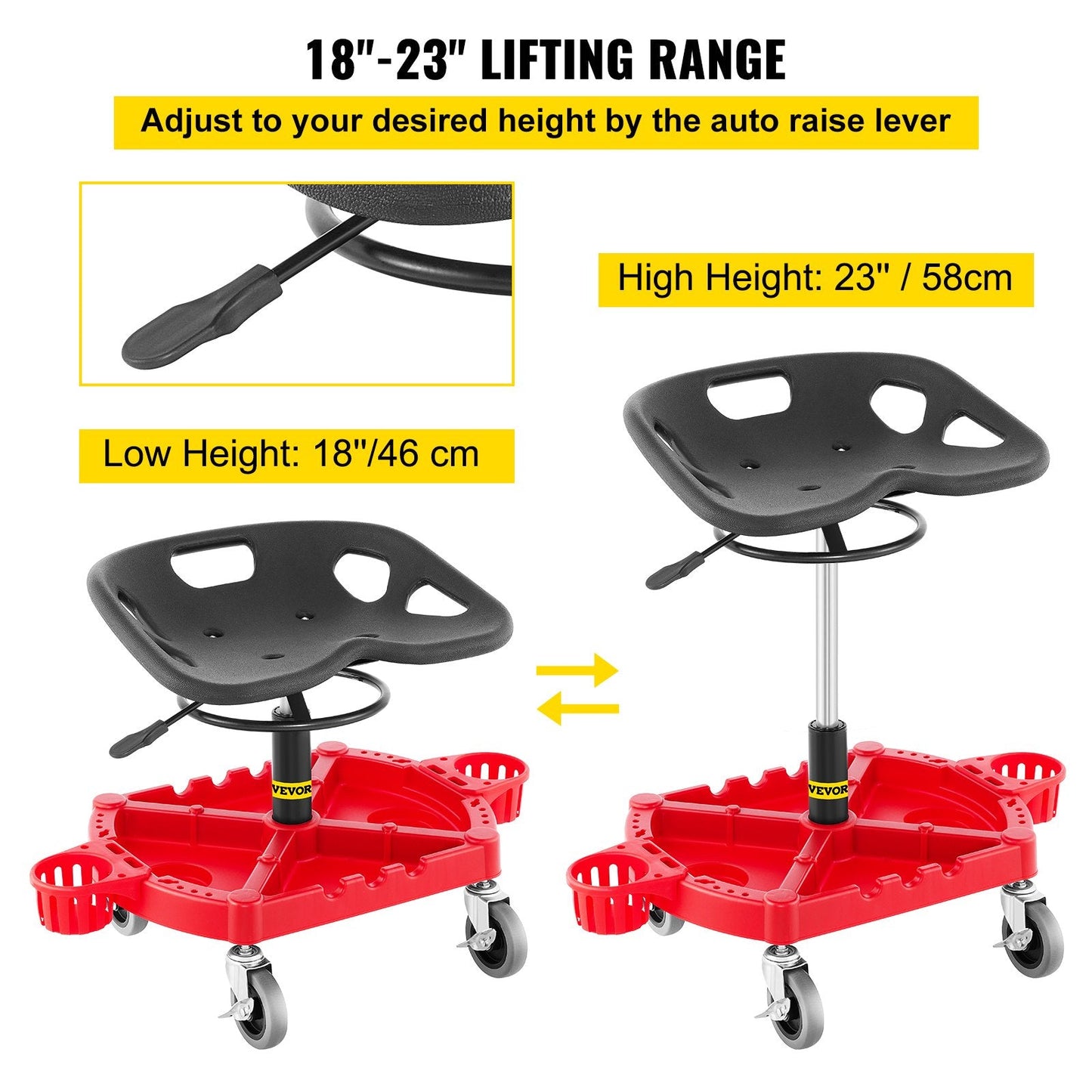 Adjustable Mechanics Garage Stool with 0.1 m Wheels and Bottle Holders