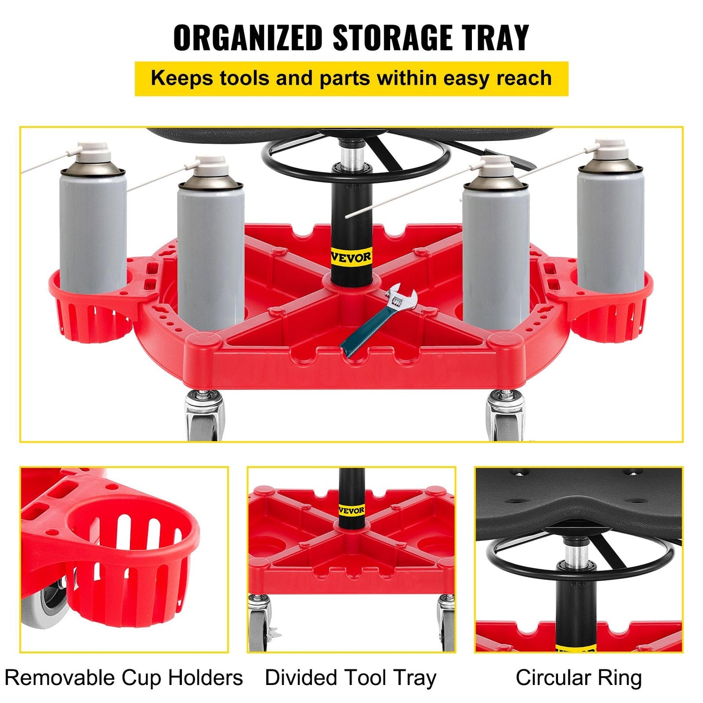Adjustable Mechanics Garage Stool with 0.1 m Wheels and Bottle Holders
