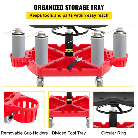 Adjustable Mechanics Garage Stool with 0.1 m Wheels and Bottle Holders