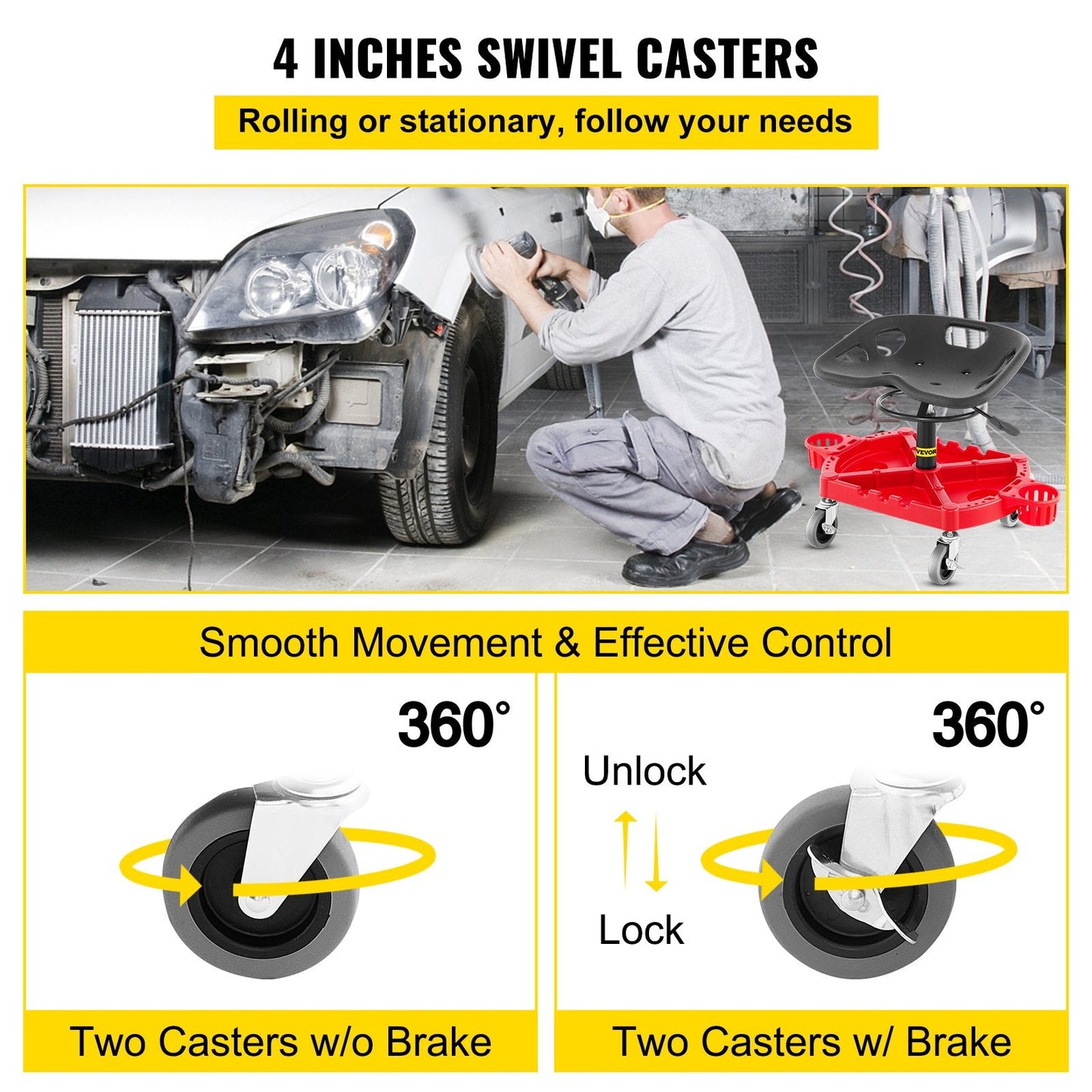 Adjustable Mechanics Garage Stool with 0.1 m Wheels and Bottle Holders