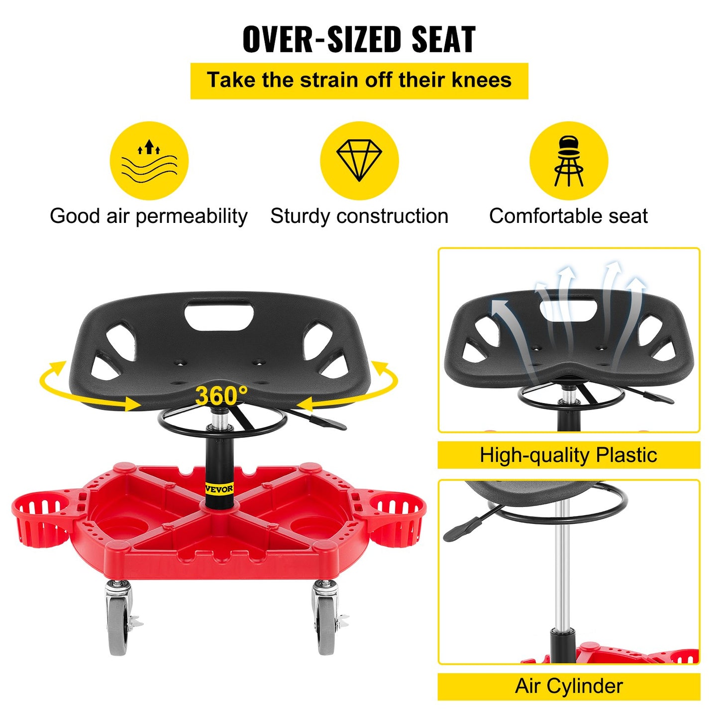 VEVOR Shop Stool Mechanics Rolling Seat 4" Wheels Adjustable Height Garage Stool