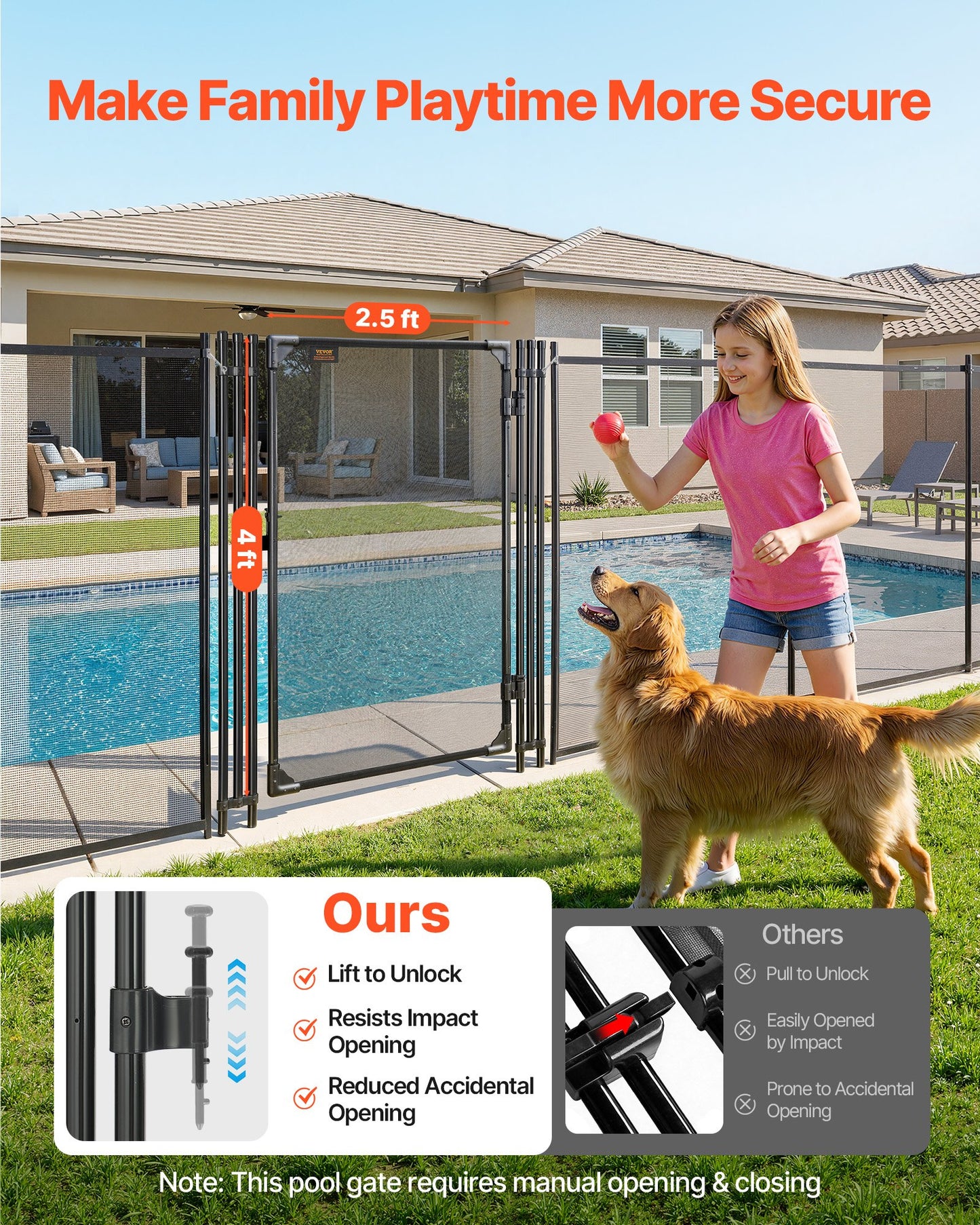 Pool Fence Gate, 1.2 x 0.75 m Inground Swimming Pool Fences Gate, Outdoor Security Fencing Door Kit with Metal Latch, 352 gsm Teslin PVC Mesh, Round Tube, Lockable and Easy Installation, Black