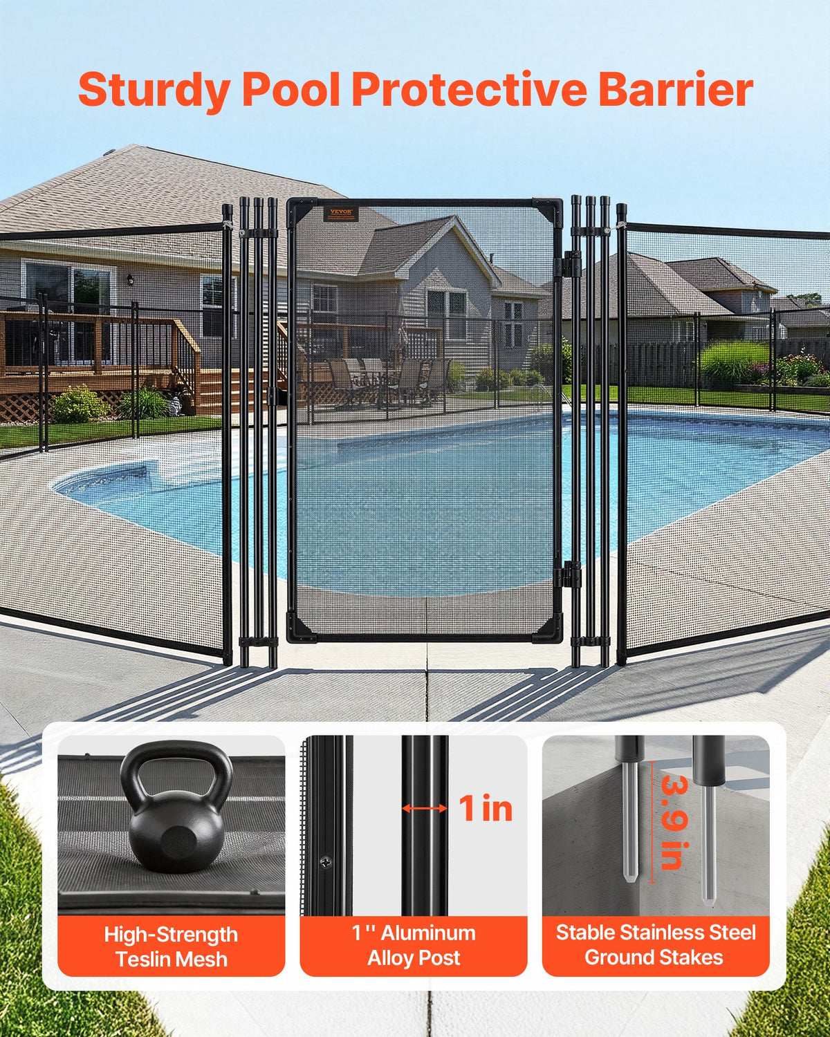 Pool Fence Gate, 1.2 x 0.75 m Inground Swimming Pool Fences Gate, Outdoor Security Fencing Door Kit with Metal Latch, 352 gsm Teslin PVC Mesh, Round Tube, Lockable and Easy Installation, Black