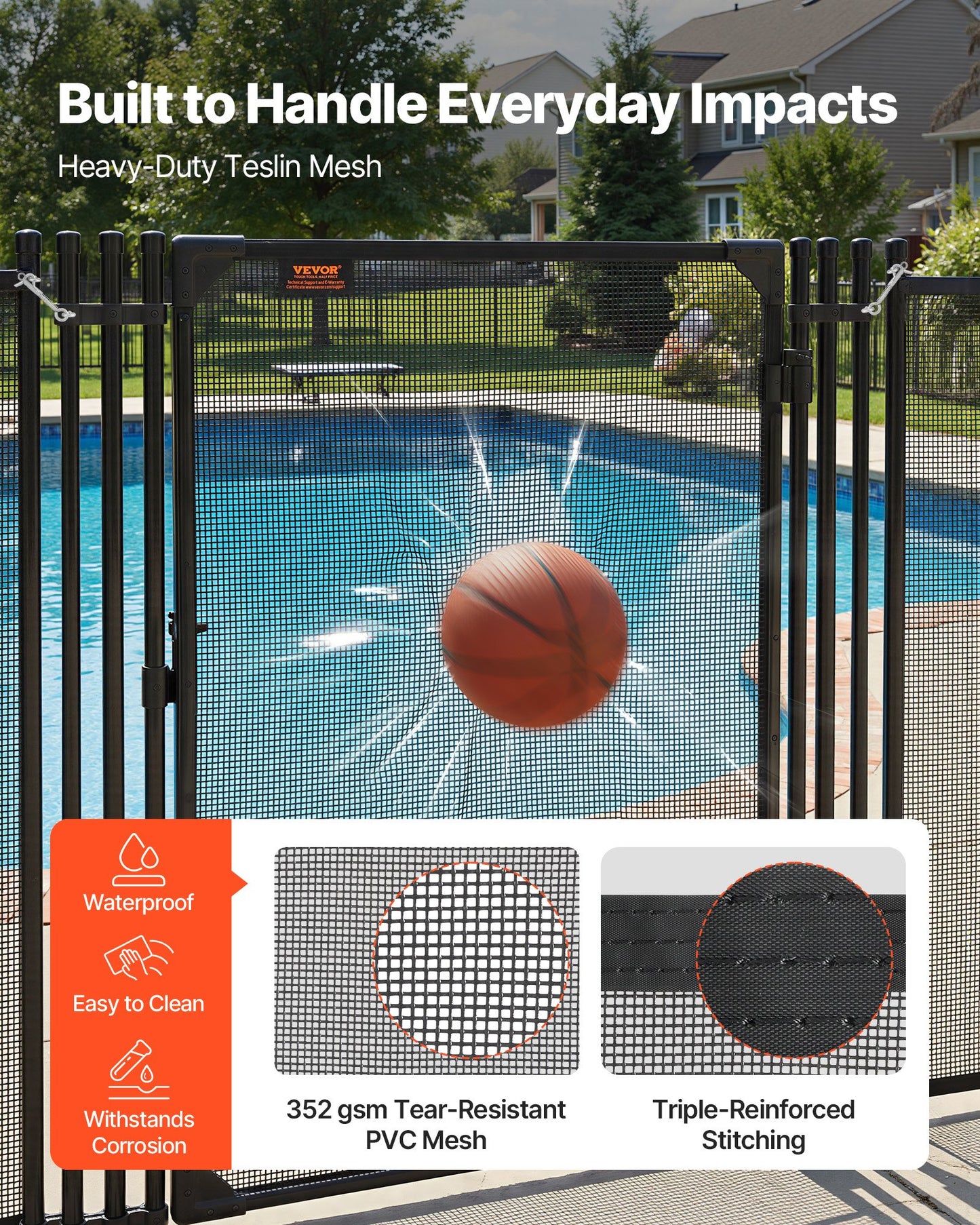 Pool Fence Gate, 1.2 x 0.75 m Inground Swimming Pool Fences Gate, Outdoor Security Fencing Door Kit with Metal Latch, 352 gsm Teslin PVC Mesh, Round Tube, Lockable and Easy Installation, Black