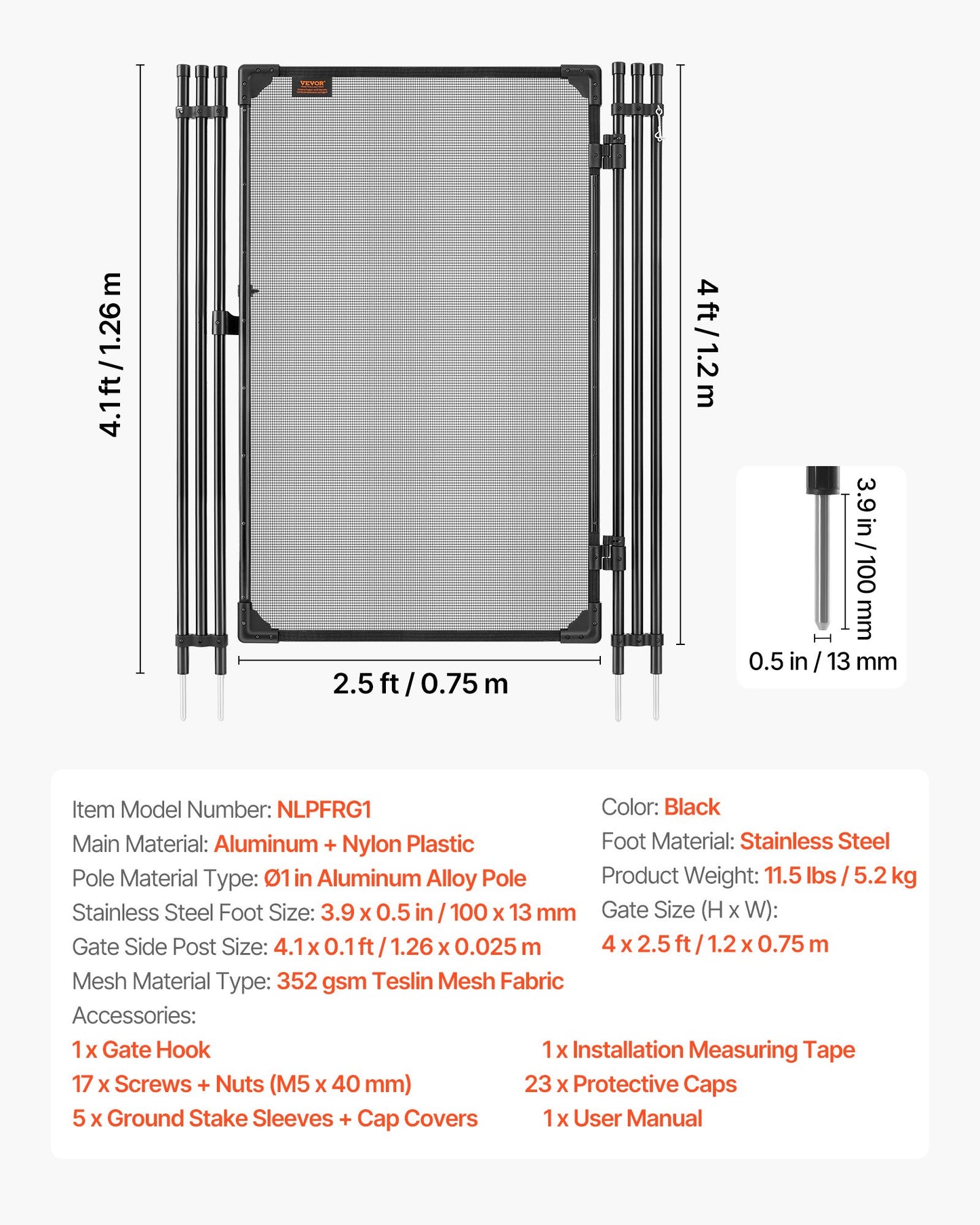 Pool Fence Gate, 1.2 x 0.75 m Inground Swimming Pool Fences Gate, Outdoor Security Fencing Door Kit with Metal Latch, 352 gsm Teslin PVC Mesh, Round Tube, Lockable and Easy Installation, Black
