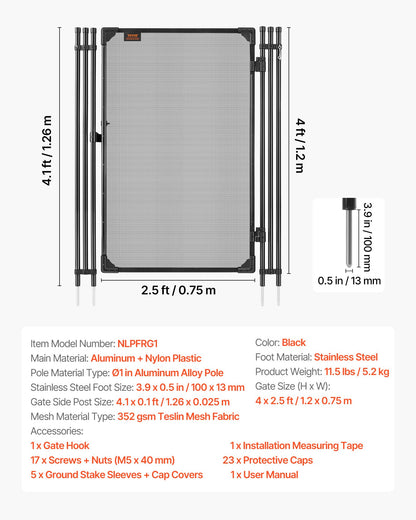 Pool Fence Gate, 1.2 x 0.75 m Inground Swimming Pool Fences Gate, Outdoor Security Fencing Door Kit with Metal Latch, 352 gsm Teslin PVC Mesh, Round Tube, Lockable and Easy Installation, Black