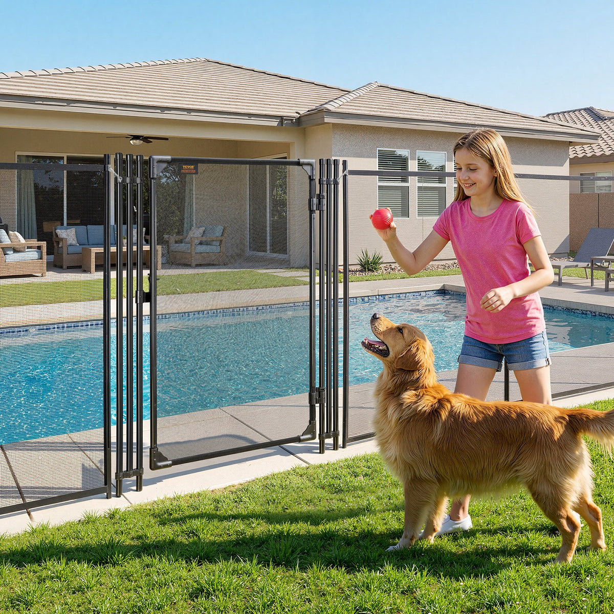 Pool Fence Gate, 1.2 x 0.75 m Inground Swimming Pool Fences Gate, Outdoor Security Fencing Door Kit with Metal Latch, 352 gsm Teslin PVC Mesh, Round Tube, Lockable and Easy Installation, Black