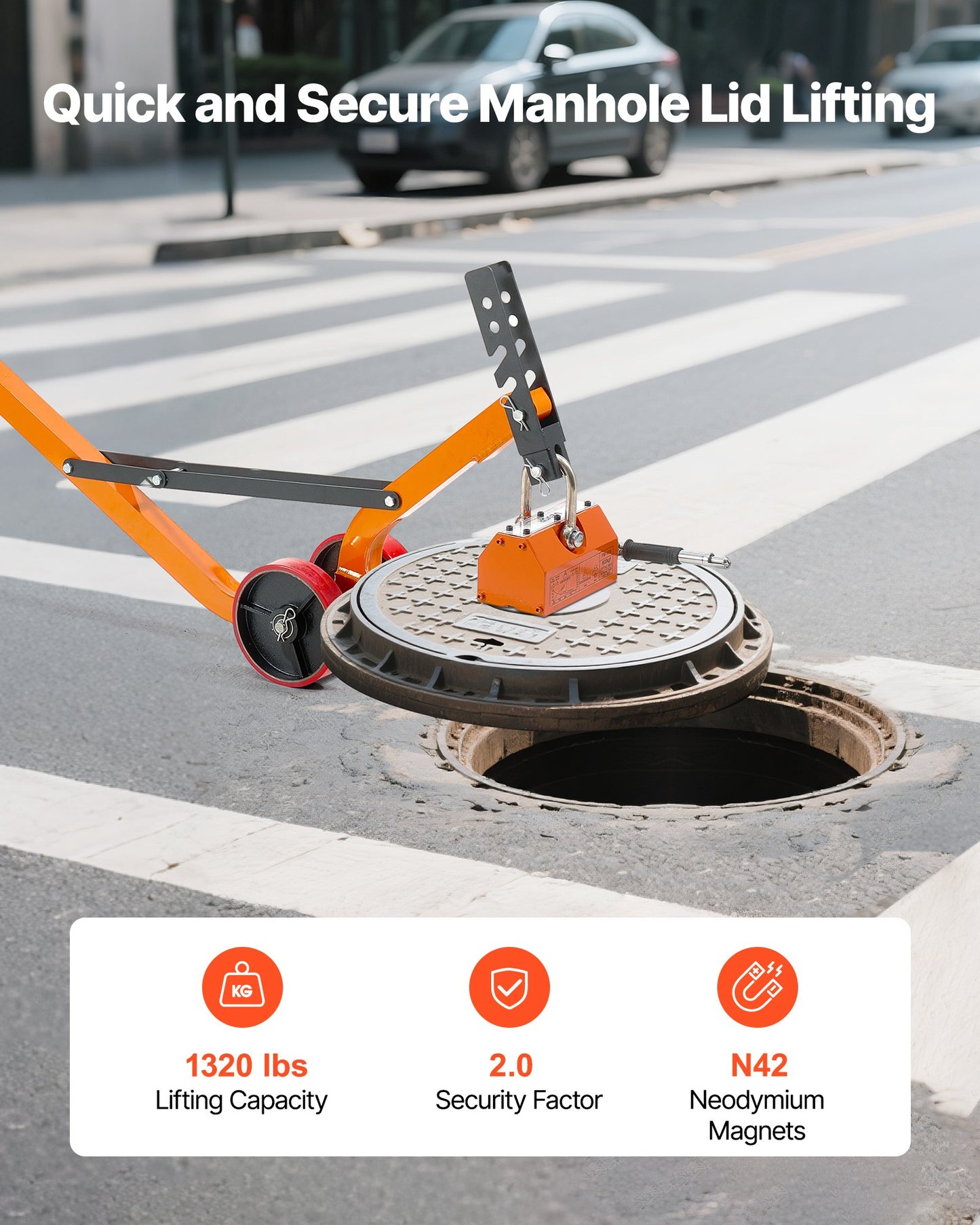 Magnetic Lid Lifter Dolly, 600 kg Pulling Capacity, Steel Dolly with Heavy Duty Magnet Lift and 2 Wheels, Adjustable Handle, N42 Neodymium, Foldable and Portable, for Lifting Manhole Covers