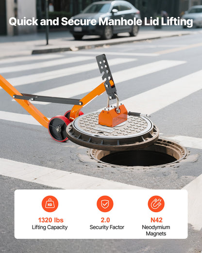 Magnetic Lid Lifter Dolly, 600 kg Pulling Capacity, Steel Dolly with Heavy Duty Magnet Lift and 2 Wheels, Adjustable Handle, N42 Neodymium, Foldable and Portable, for Lifting Manhole Covers