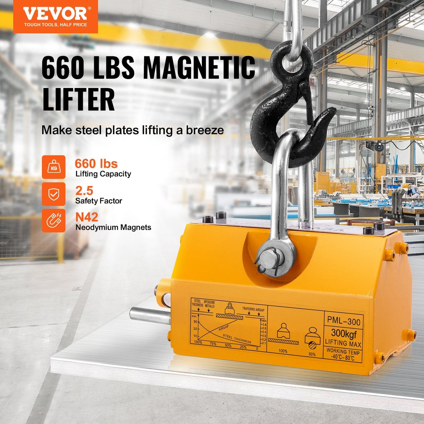 Heavy Duty Magnetic Lifter, 300 kg Capacity, Neodymium & Steel, Safety Factor 2.5