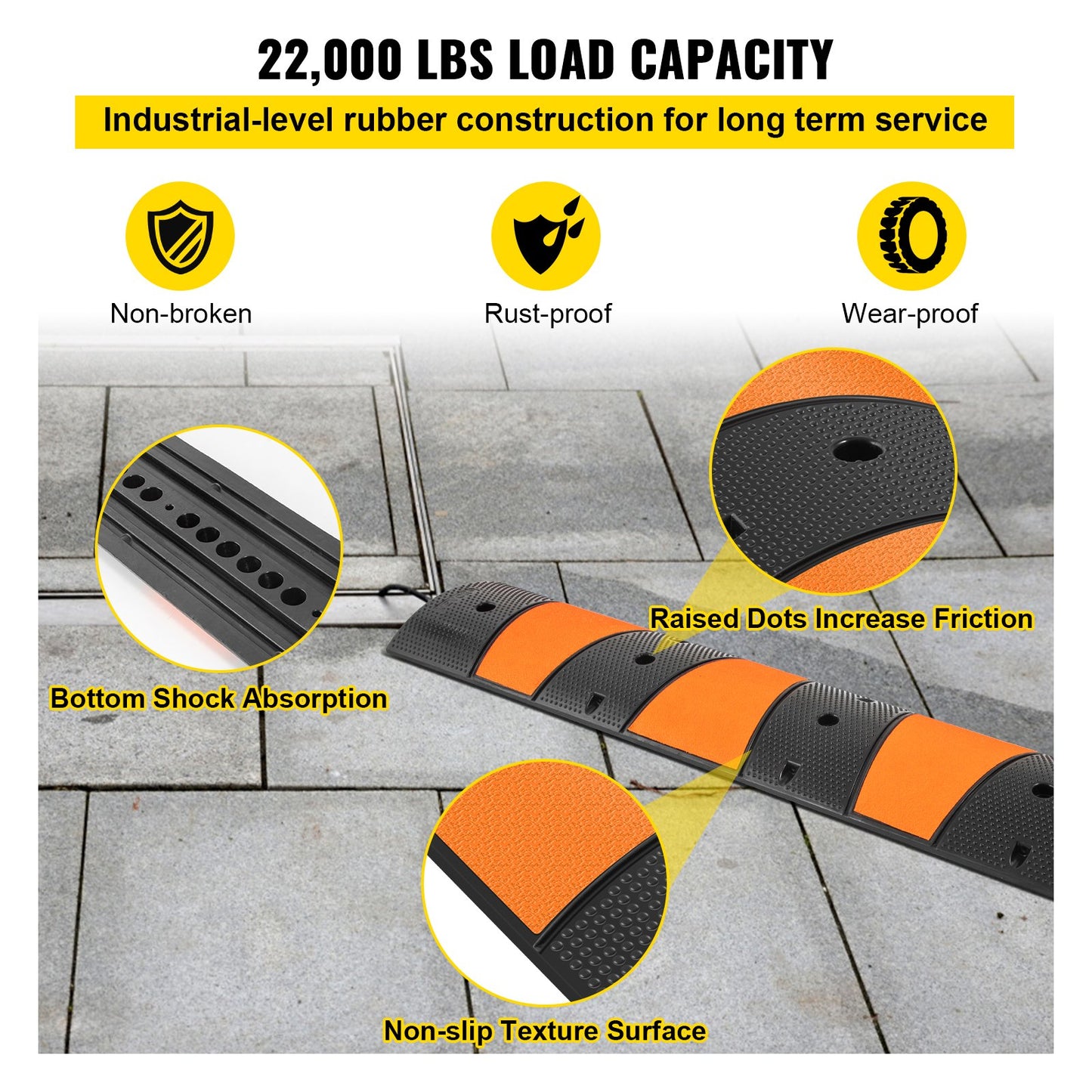 VEVOR Rubber Speed Bump, 1 Pack 2 Channel Speed Bump Hump, 72.8\" Long Modular Speed