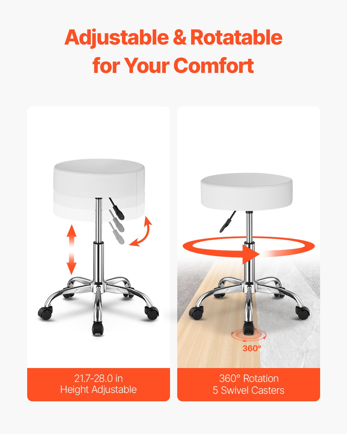 VEVOR Round Rolling Stool Swivel Work Stool with Wheels Height Adjustable White