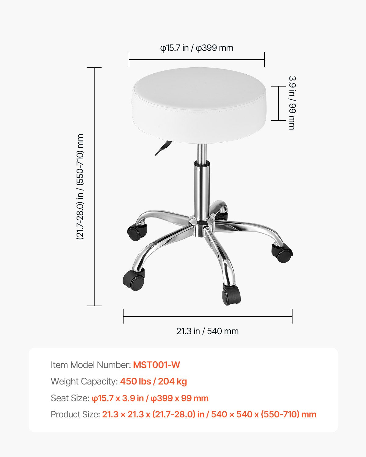 VEVOR Round Rolling Stool Swivel Work Stool with Wheels Height Adjustable White