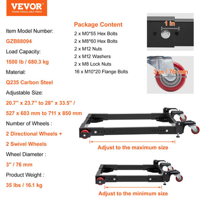 VEVOR Mobile Base, 680.3 kg Capacity, Adjustable from 527 x 603 mm to 711 x 850