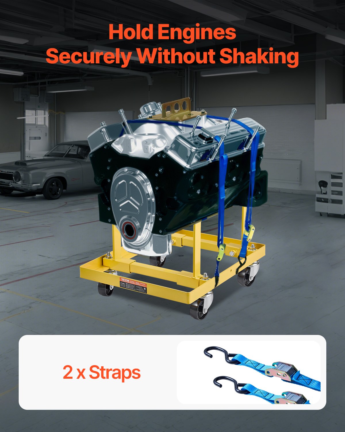 Engine Stand, 340 KG Load Capacity Engine Motor Stand with Adjustable Width & Length, Heavy-Duty Steel Motor Holder with 4 Swivel Casters and 2 Ratchet Straps, Suitable for Most Engines