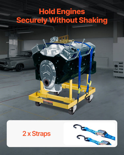 Engine Stand, 340 KG Load Capacity Engine Motor Stand with Adjustable Width & Length, Heavy-Duty Steel Motor Holder with 4 Swivel Casters and 2 Ratchet Straps, Suitable for Most Engines